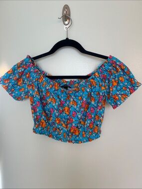 Topshop Turquoise Floral Off-Shoulder Crop Top